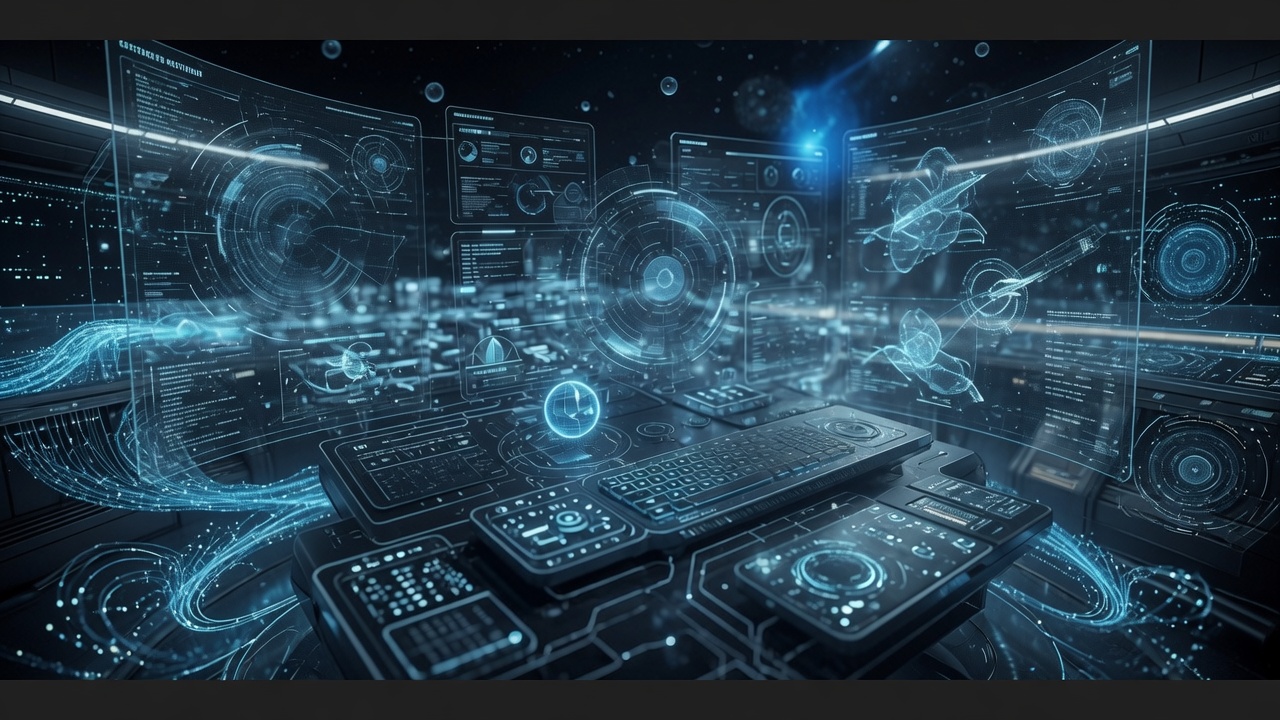 Futuristic holographic Mission Control command deck — fictional AI-generated concept art