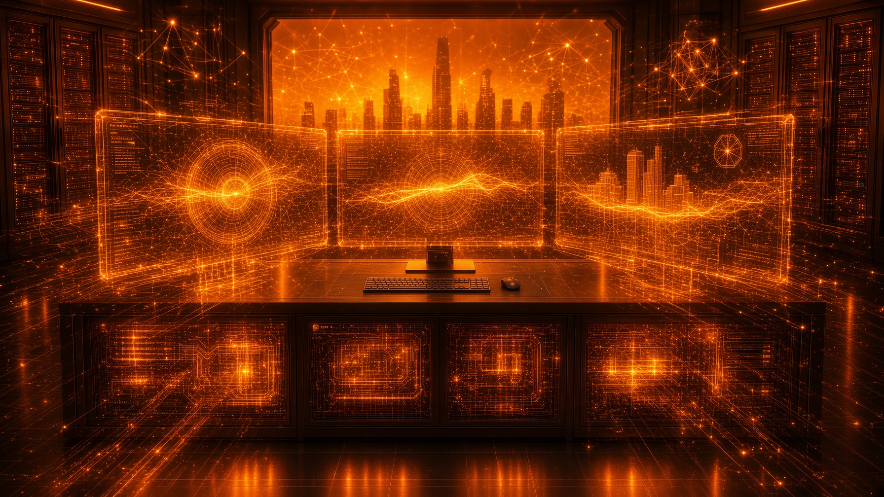 Ember command floor — floating amber HUD monitors, night-city bloom