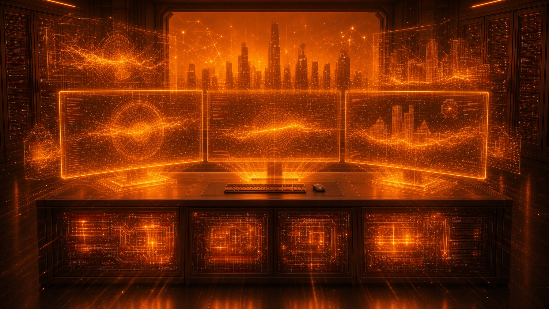 Void chassis desk — three amber wireframe monitors, amber edge light