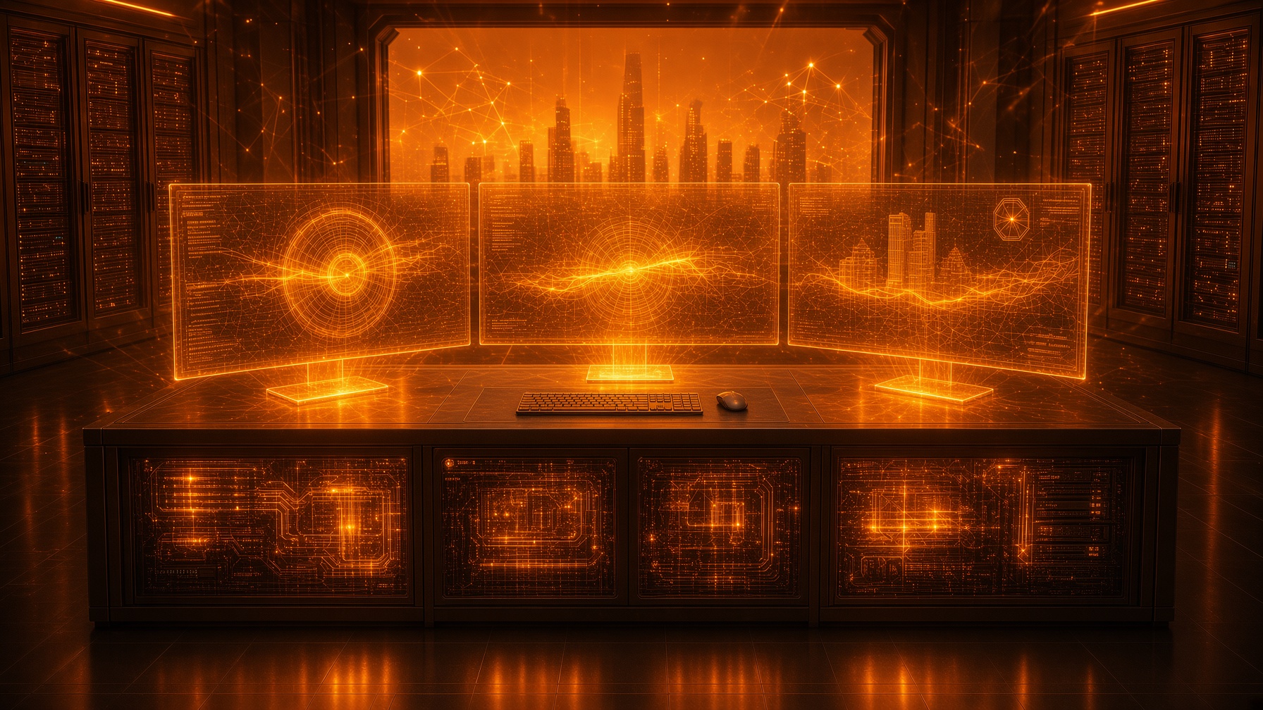 Amber command desk — three wireframe monitors on stands, night-city bloom