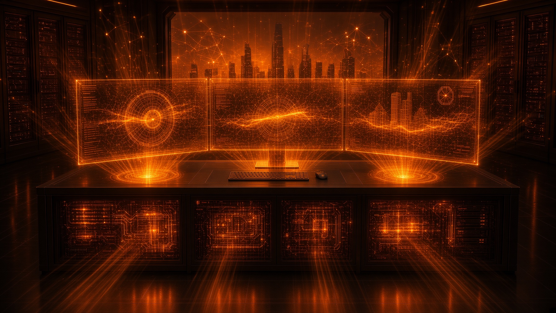 Ember projection — holographic monitors rising from the dock